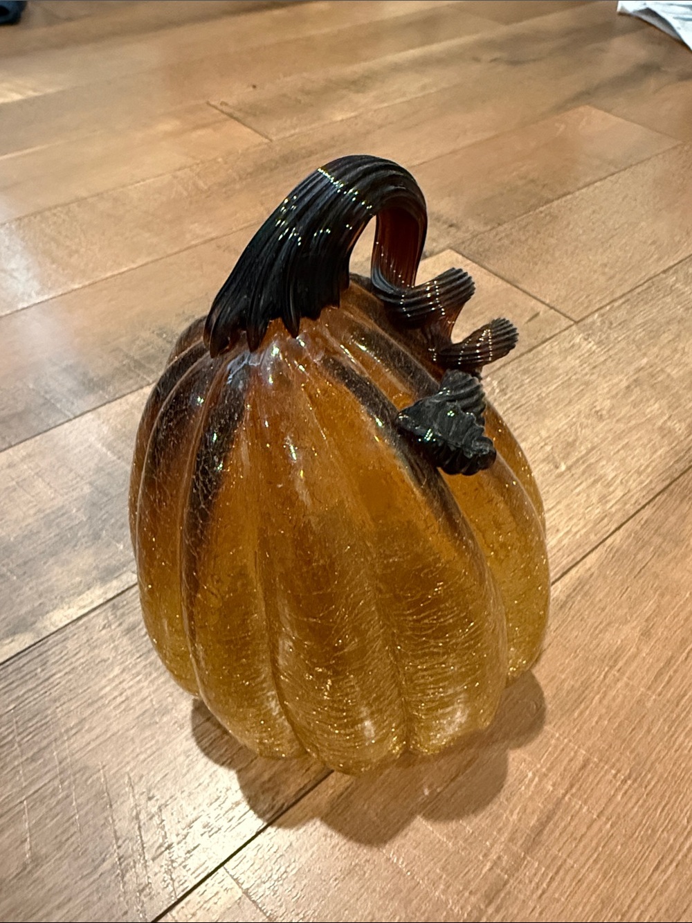 Amber Glass Pumpkin Sculpture with Dark Brown Stem - Home Art